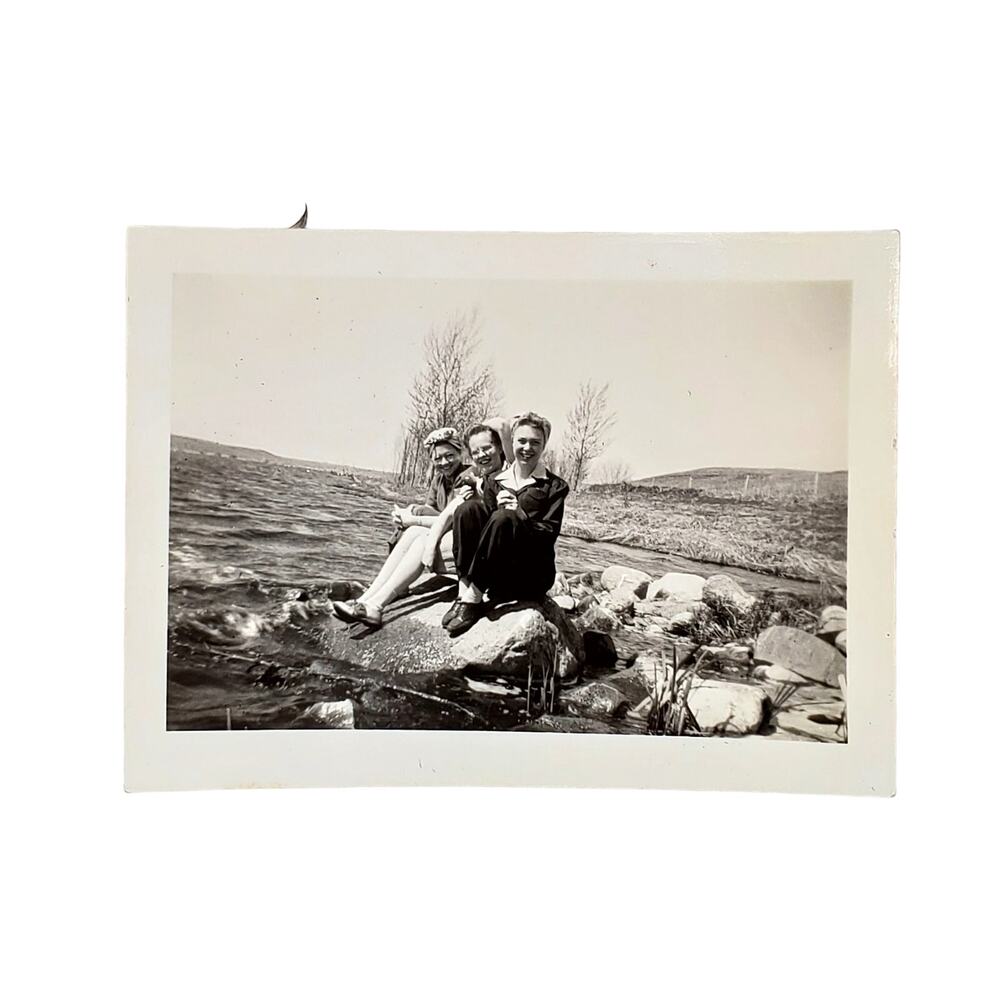 Vtg Beautiful Ladies on Rocks in Lake Orig Monochrome Photography Found Snapshot